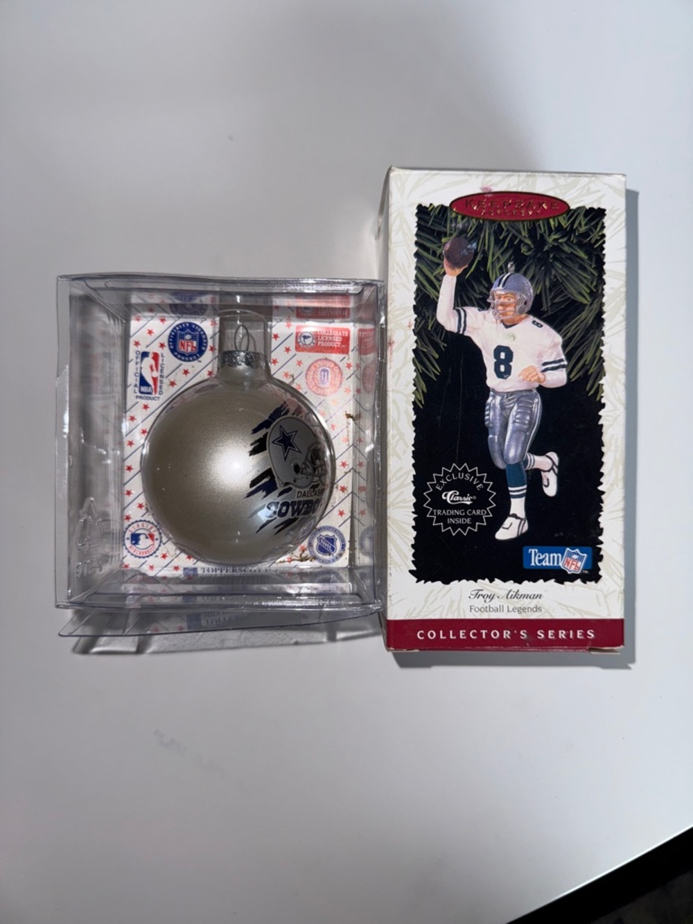 Two Dallas Cowboys Troy Aikman (1996) and Silver Round (2000) Ornaments